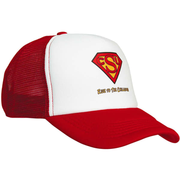 A red and white truckers mesh cap with a logo and a patch featuring a superhero emblem.