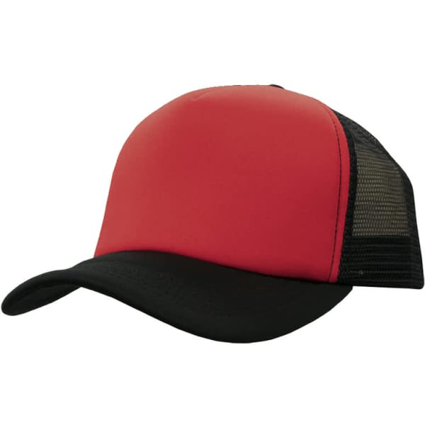 A red and black trucker mesh cap with a structured front and breathable mesh panels.
