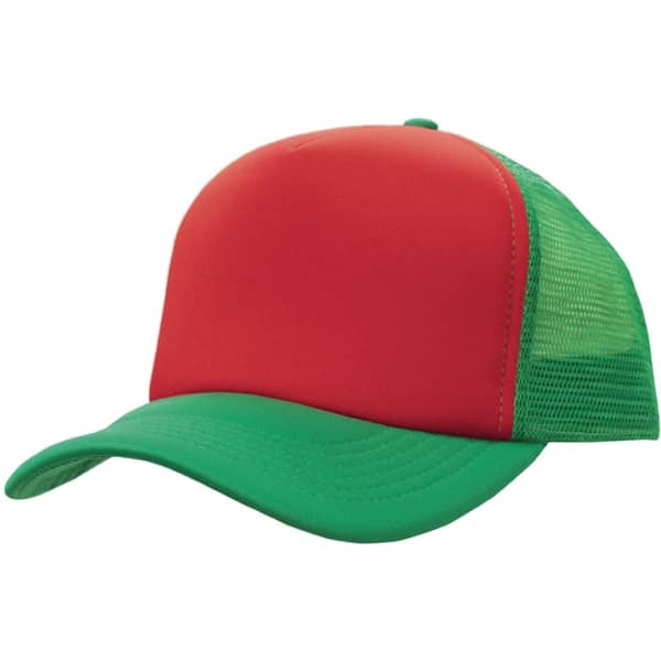 A red and green Truckers Mesh Cap featuring a solid front and mesh back, with a branded logo.