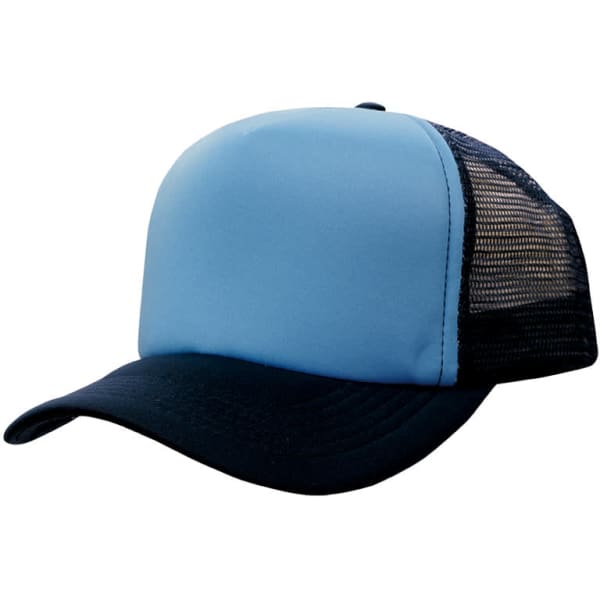 A truckers mesh cap in light blue with a black visor and mesh back, featuring a logo on the front.