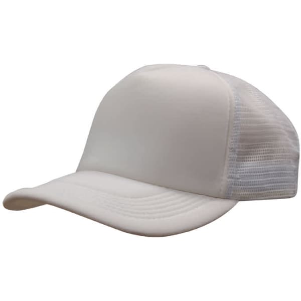 A white truckers mesh cap featuring a solid front and breathable mesh panels at the back.