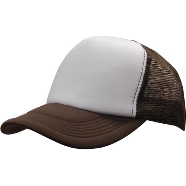 A brown and white trucker mesh cap with a solid front panel and mesh back. It features a curved brim.