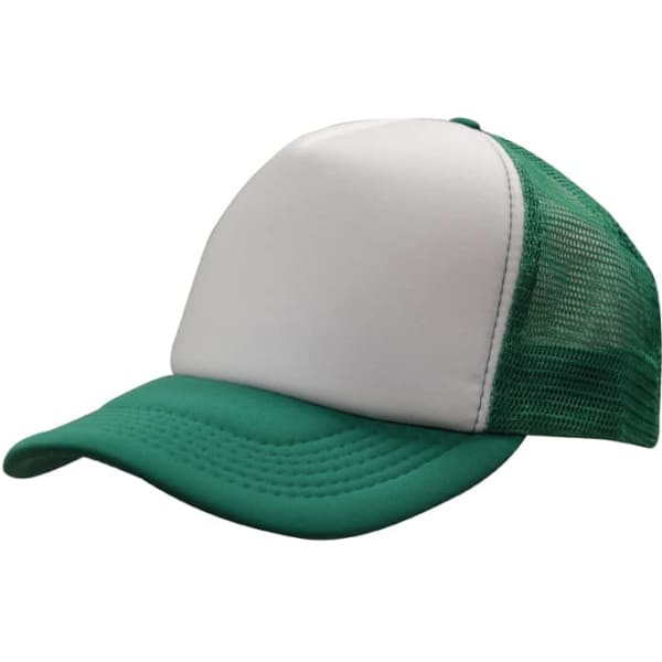 A green and white truckers mesh cap with a structured front and mesh back. It features a curved brim.
