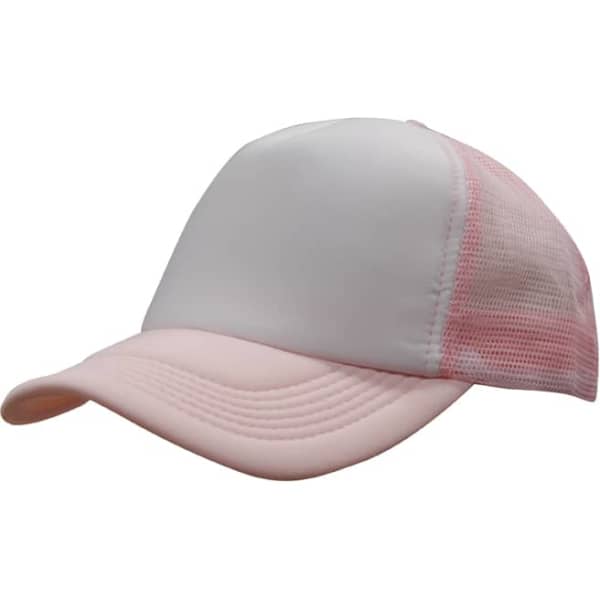 A pink and white truckers mesh cap featuring a logo on the front and a mesh back for ventilation.