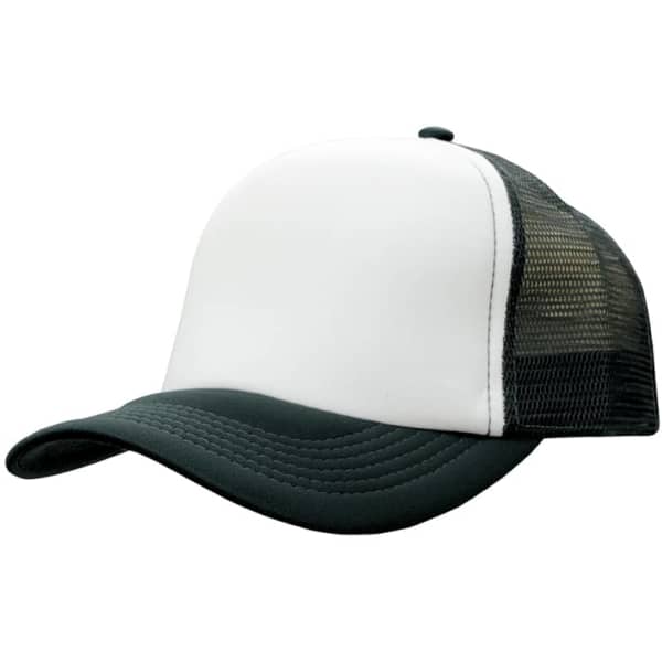 A trucker mesh cap featuring a white front panel and a black mesh back. The cap has a curved brim and a logo.