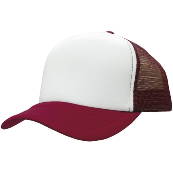 A red and white truckers mesh cap with a solid front panel and mesh back. It features a curved brim.