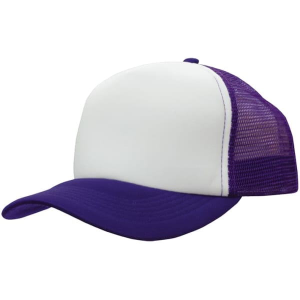 A purple and white truckers mesh cap with a curved brim and a mesh back. It features a logo on the front.