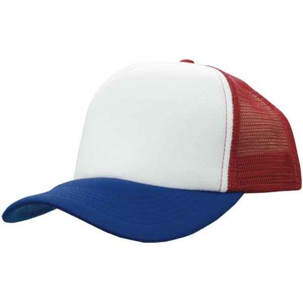 A truckers mesh cap featuring a white front, red mesh sides, and a blue brim. It includes branding details.