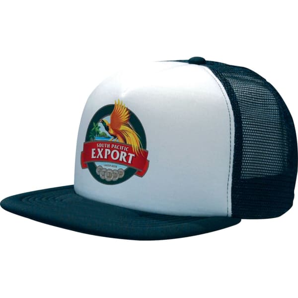 A trucker mesh cap with a flat peak, featuring a white front and dark green mesh back, adorned with a logo.