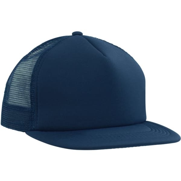 A flat peak trucker mesh cap in navy blue with a solid front and mesh sides, featuring a logo.