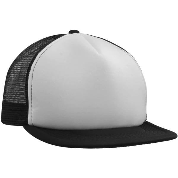 A flat peak trucker mesh cap in black and white, featuring a mesh back and a solid front panel.
