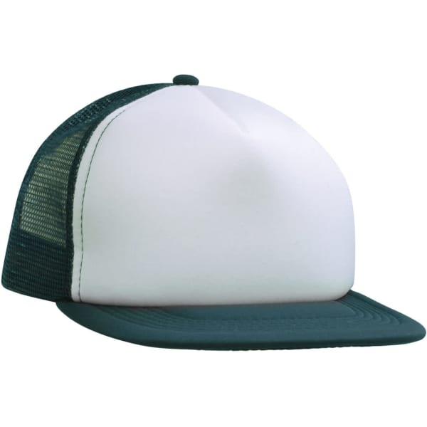 A flat peak trucker mesh cap featuring a white front panel and green mesh sides and peak. It includes a logo.