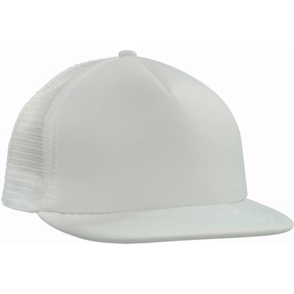 A flat peak trucker mesh cap in white, featuring a solid front panel and a mesh back. It has a branding logo.