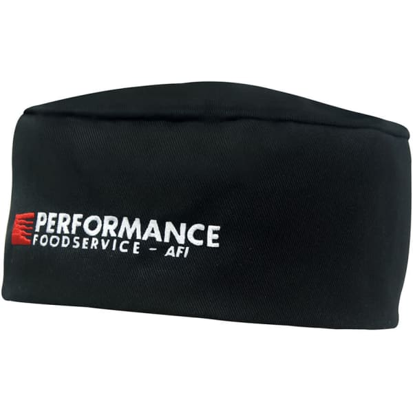 A black poly cotton chef's hat featuring a logo on the front. Suitable for kitchen uniforms.