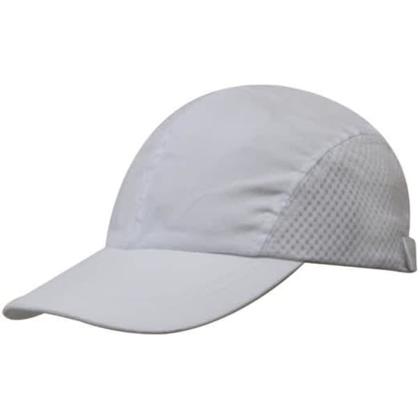 A white brushed cotton cap with a textured side panel and a curved brim. It features a logo on the front.
