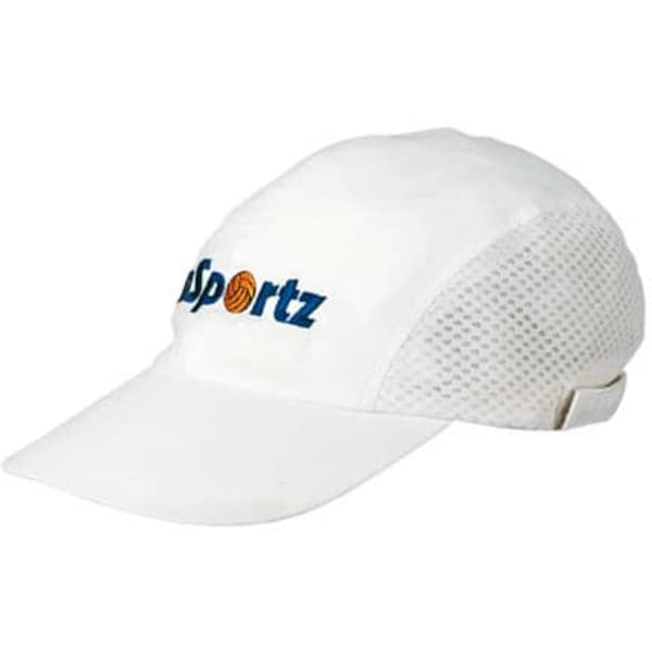 A white cap featuring mesh panels and a logo on the front. Suitable for headwear promotions.
