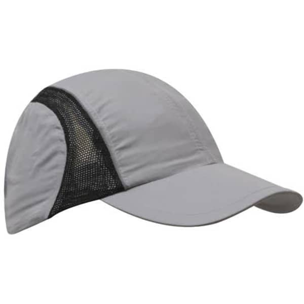 A grey sports cap featuring mesh panels and reflective trim, with a logo on the front.