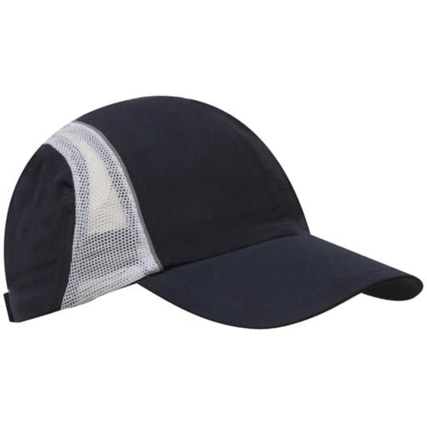 A black sports cap featuring a mesh panel and reflective trim, designed for headwear. Includes a logo.