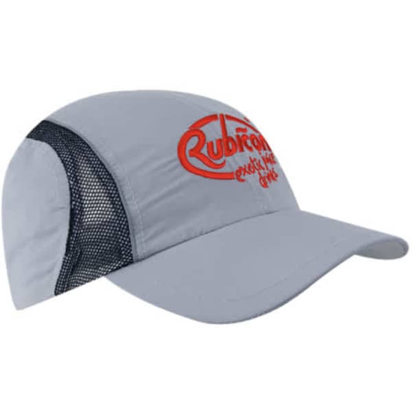 A grey microfibre and mesh sports cap featuring reflective trim and a logo on the front.