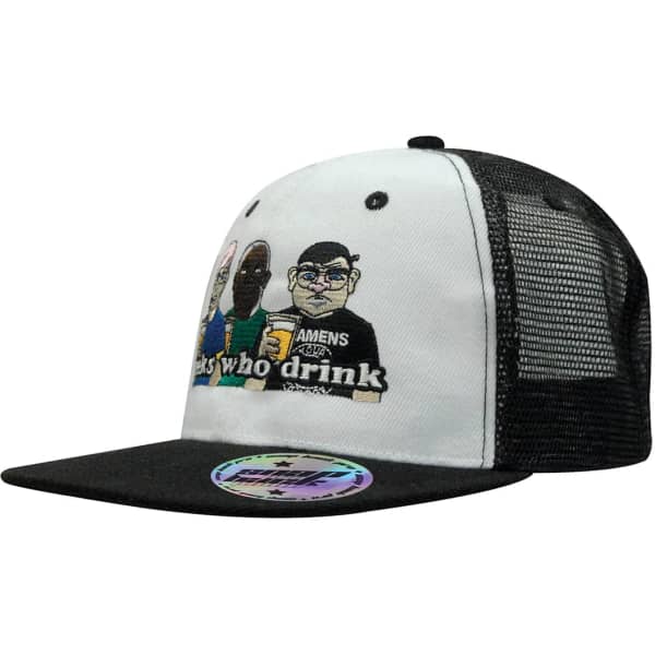 A black and white snapback cap featuring a graphic of three cartoon characters. It has a branded logo on the side.