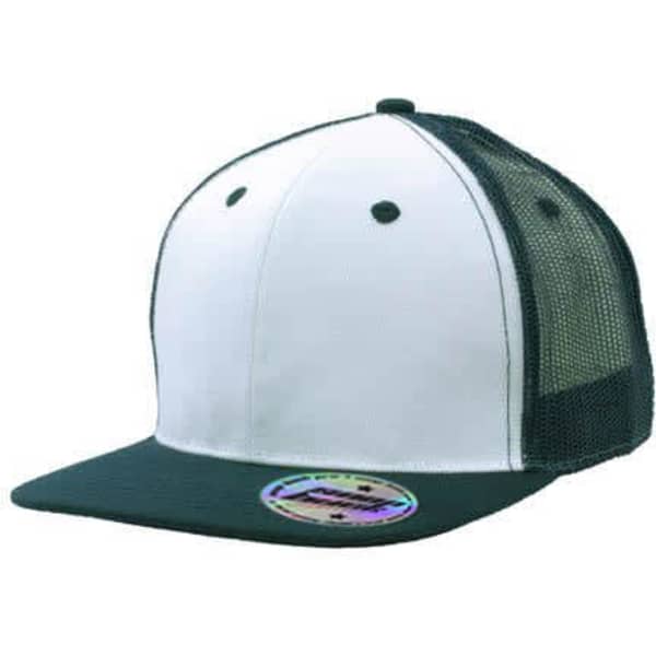 A white and green premium American twill cap with a mesh back and snapback styling, featuring a logo.