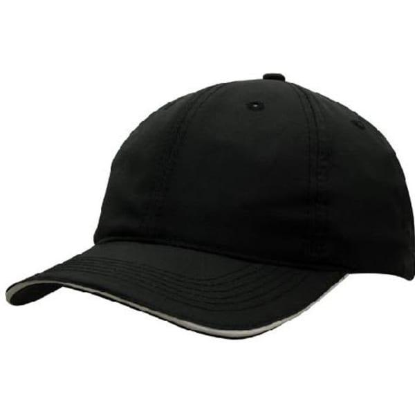 A black woven fabric cap with a wind strap and clip, featuring stitching details and a curved brim.