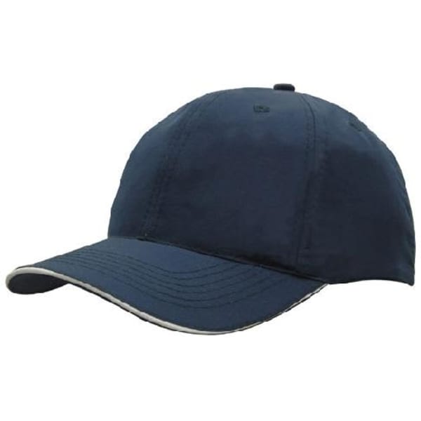 A navy blue woven fabric cap featuring a wind strap and clip, with a contrasting brim outline and a logo.