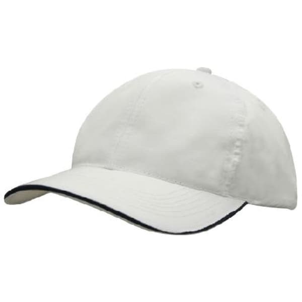 A white cap with a darker brim, featuring a wind strap and clip, and a logo on the front.