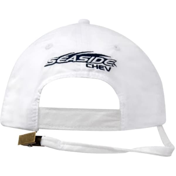 A white cap featuring a back strap and clip, with an embroidered logo.