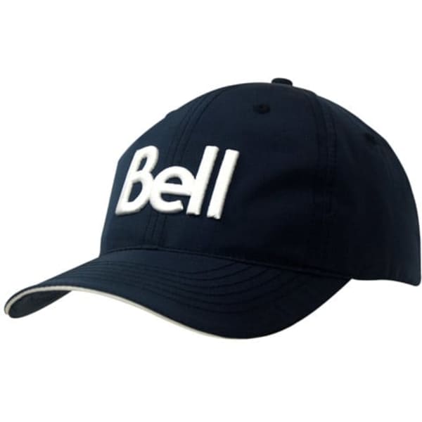 A navy cap featuring a white logo, designed with a wind strap and clip for secure wear.