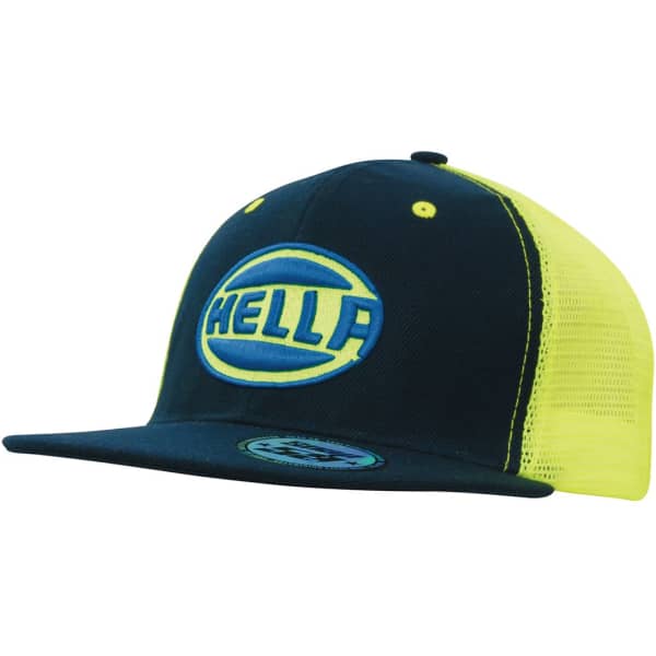 A navy blue cap with a bright yellow mesh back and a circular logo on the front. Features a snapback style.