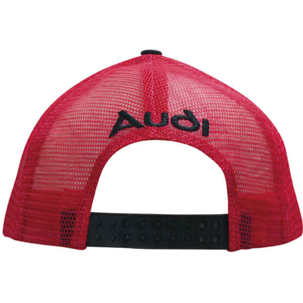 A red cap with a mesh back, featuring a logo. The adjustable strap is visible at the back.