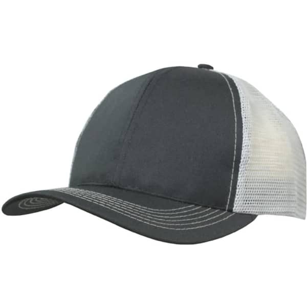 A grey cap with a breathable mesh back and contrasting stitching, featuring a logo on the front.
