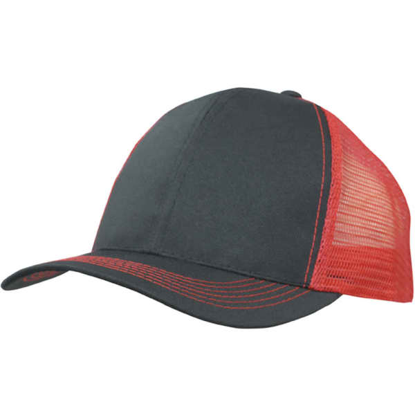 A black cap with a red mesh back and stitching, featuring a curved peak and a logo on the front.