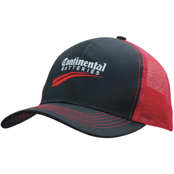 A black and red cap featuring a mesh back and a logo on the front.