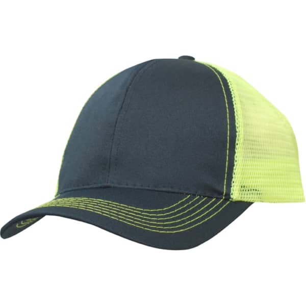 A dark navy cap with a bright yellow mesh back and contrasting stitching, featuring a logo on the front.