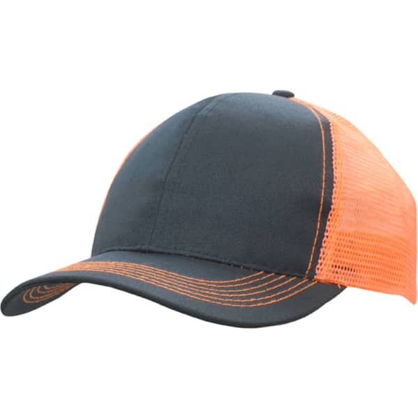 A breathable poly twill cap featuring a black front and orange mesh back with contrasting stitching. It has a logo.