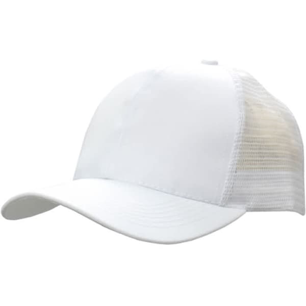 A white cap featuring a breathable poly twill front and a mesh back, with a logo on the side.