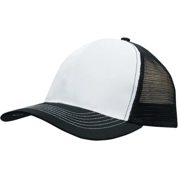 A white and black breathable poly twill cap with a mesh back, featuring a curved brim and a logo.