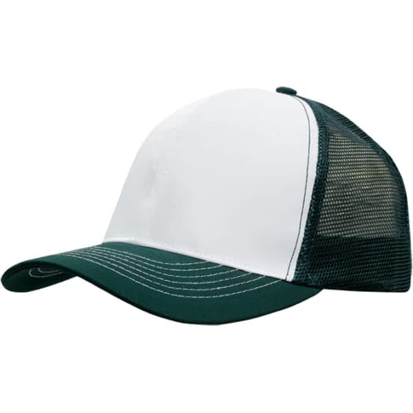 A breathable white and green cap featuring a mesh back, designed for comfort and ventilation.