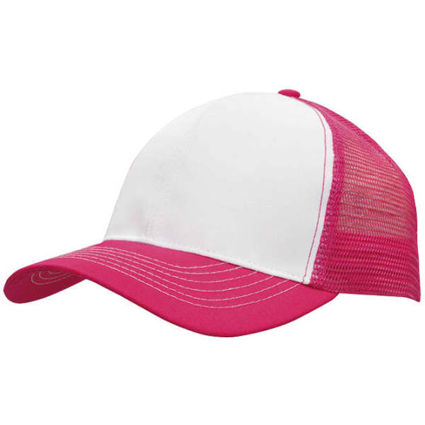 A pink and white cap with a breathable mesh back and a curved brim, featuring a logo on the front.