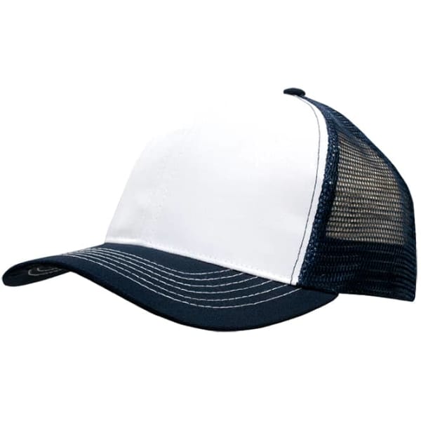 A white and navy breathable cap with a mesh back, featuring a logo on the front.