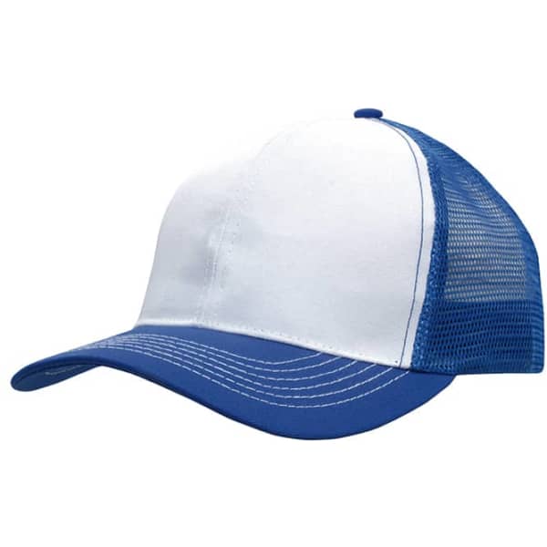 A white cap with a blue brim and mesh back, featuring a logo on the side.