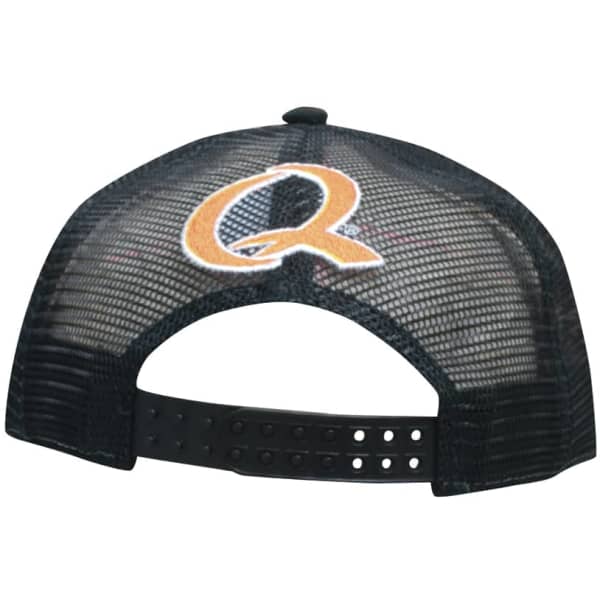 A grey marle cap with a black mesh back and an embroidered logo. Features an adjustable strap at the back.