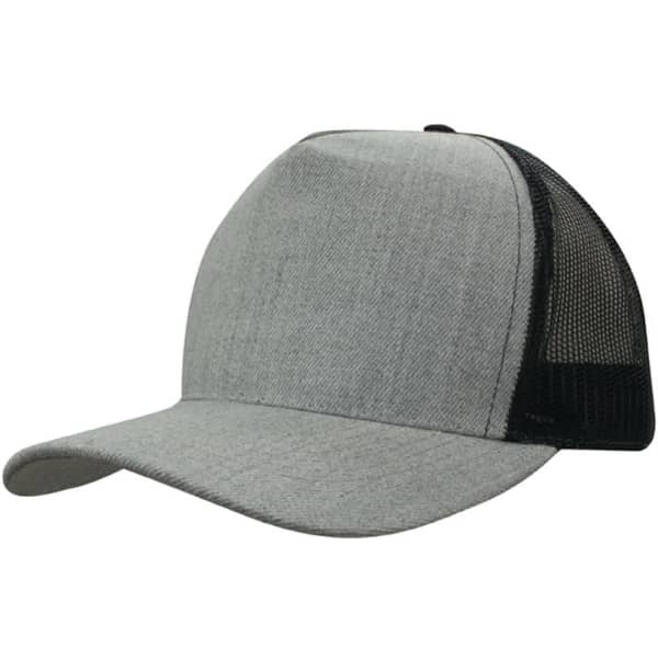 A grey marle cap with a mesh back, featuring a curved brim and a simple design.