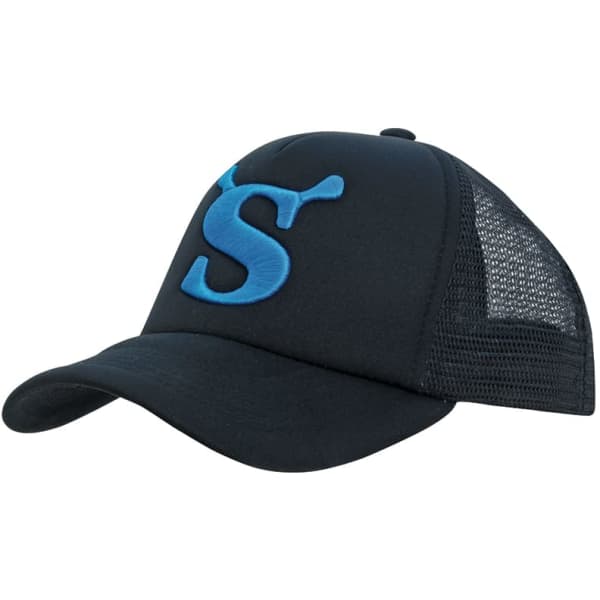 A black kids' trucker cap featuring a large blue embroidered logo and mesh panels at the back.