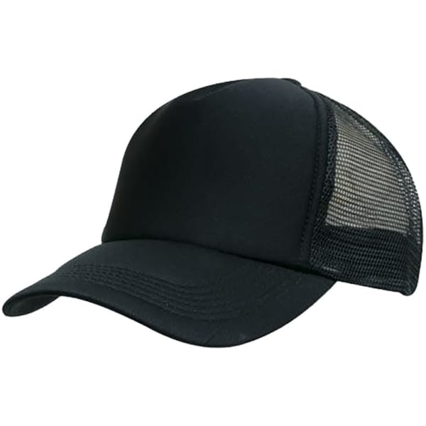 A black trucker cap featuring a solid front panel and mesh sides, with a logo on the front.