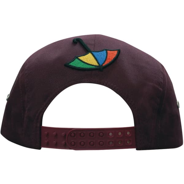 A maroon cap featuring a multicoloured umbrella embroidery on the back and a snapback closure.
