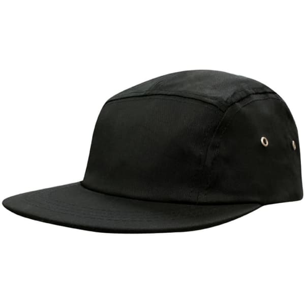 A black cotton twill cap with a square front and metal eyelets on the sides. It features a logo.