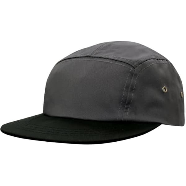 A grey and black cap with a square front and two air vents on the sides, featuring a logo.